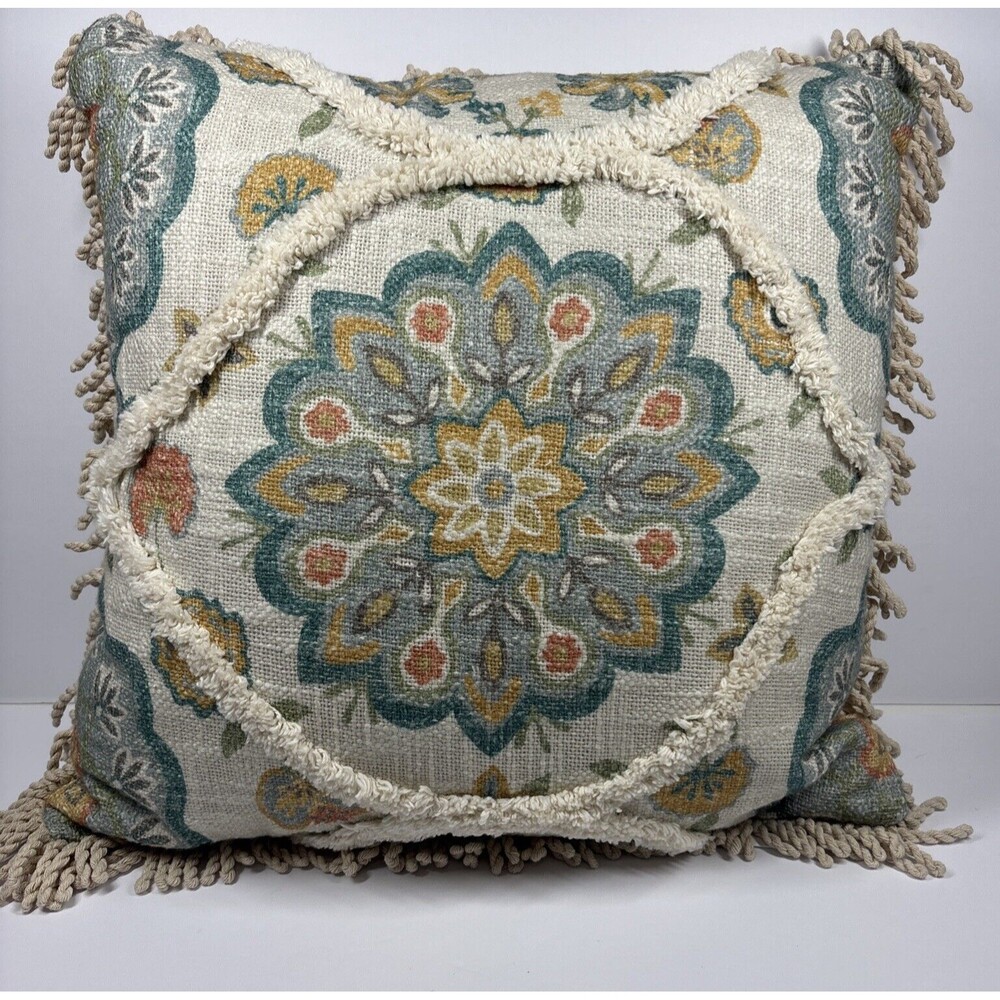 Boho Chic Accent Sofa Couch Pillow Braided Fringe Floral Turquoise 19" x 19"